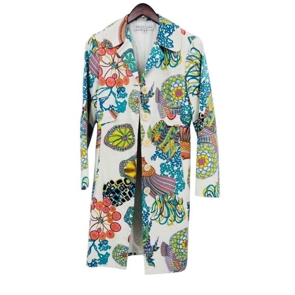 Trina Turk Jacket Midi Coat Jacket Floral Multicolor  Art Cotton Size 4 - Picture 5 of 8